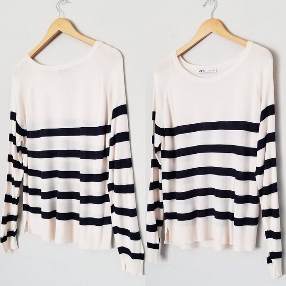 Zara Ivory Black Striped Basic Knit Pullover Sweater Crewneck Lightweight XL - Picture 15 of 15